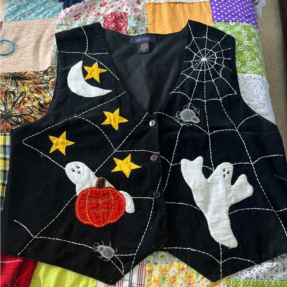 VTG 1980s LIFESTYLE HALLOWEEN VEST X-LARGE COTTON GHOSTS SPIDER WEB PUMPKIN